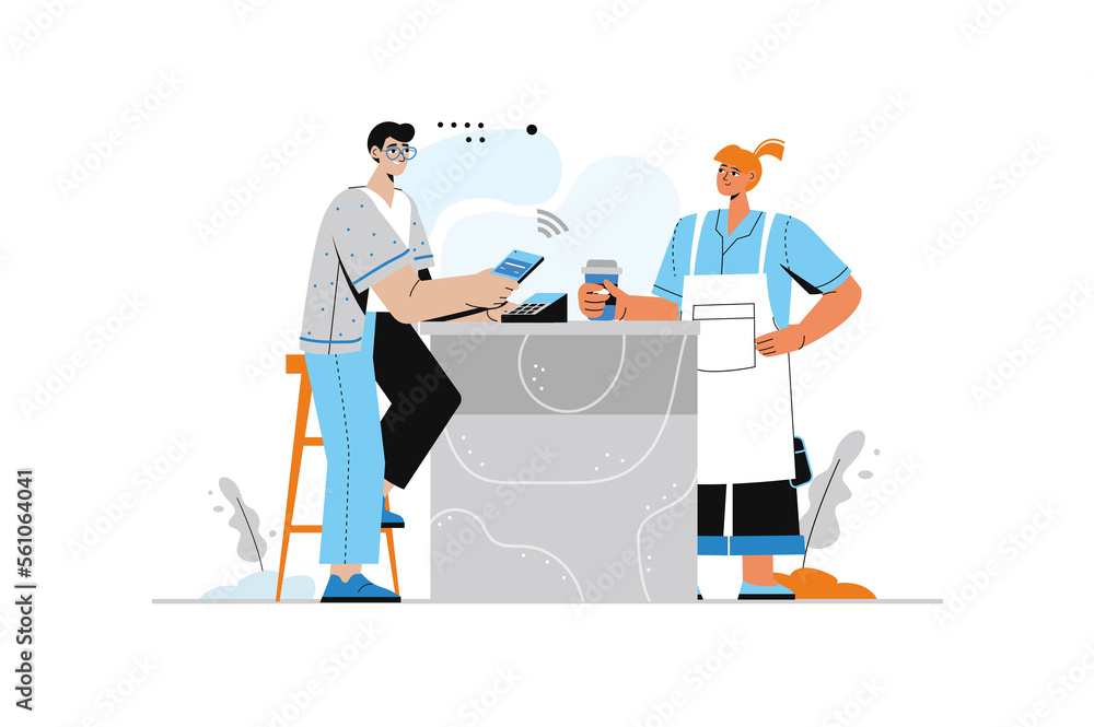 Poster pay pal system concept with human scene in flat style. man pays for coffee order through terminal us
