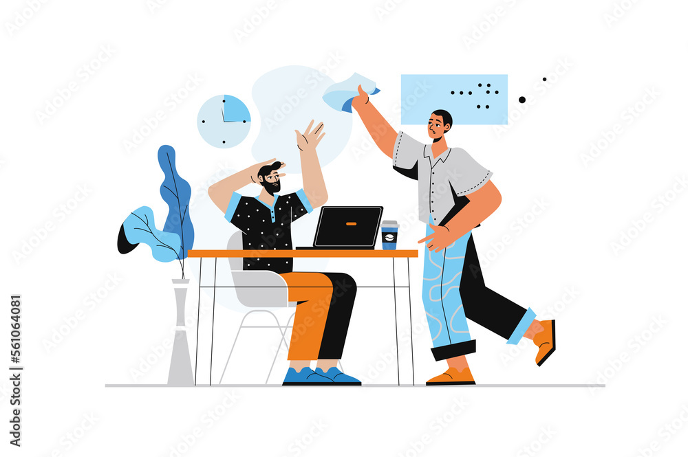 Poster deadline concept with human scene in flat style. colleagues in office rush to complete tasks while t