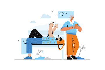 People use gadgets concept with human scene in flat style. Man and woman using smartphones, scrolling feeds, networking and online communicate. Illustration with character design for web