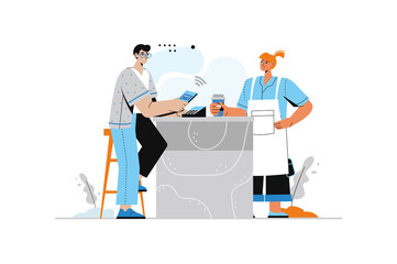 Pay Pal system concept with human scene in flat style. Man pays for coffee order through terminal using mobile phone and contactless system in store. Illustration with character design for web
