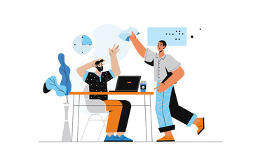 Deadline concept with human scene in flat style. Colleagues in office rush to complete tasks while time is counting down. Work stress and overtime. Illustration with character design for web