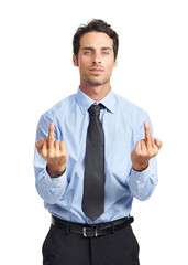 Anger, frustrated and portrait of a businessman with a middle finger on a white background. Angry,...