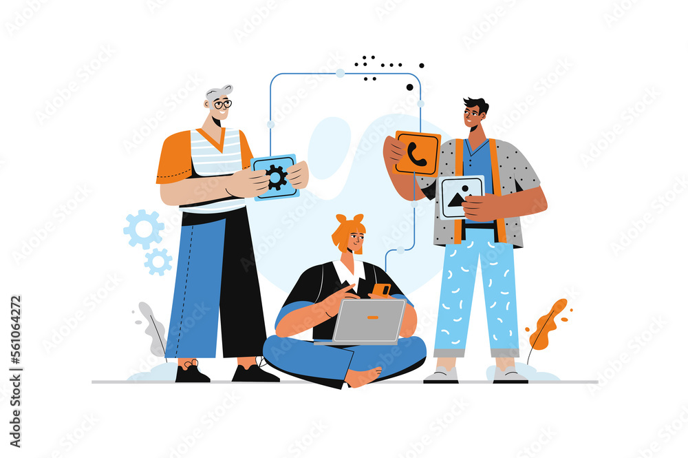 Poster app development concept with human scene in flat style. man and woman working on code, develop inter