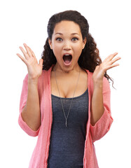 Portrait, wow and shock with a black woman in studio on a white background in shocked surprise. Face, hands and wtf with an attractive young female feeling overwhelmed with a surprised expression