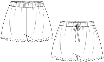 EMBROIDERED HEMLINE NIGHTWEAR SHORTS FRONT AND BACK IN VECTOR FILE