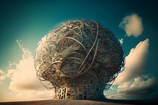 Complex concept of a computer or AI mind as a physical object. Generative AI, this image is not based on any original image, character or person.