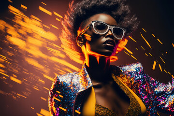 Generative AI illustration of elegant and fashionable black woman with afro hair in disco or night club with lights illuminating behind