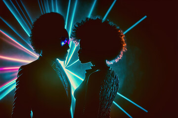 Generative AI illustration of black couple with afro hair with laser and neon lights illuminating from behind