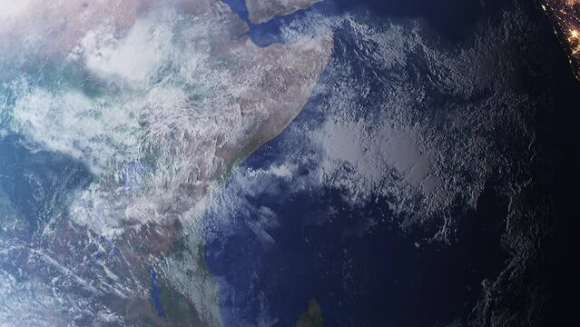 3d megazoom from outer space to planet earth focusing in white cloud or polar snow background. Fly through space, this video ends in a white frame. Fast travel to earth concept with zoom effect.