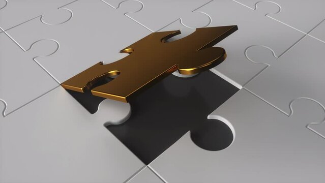 3d white jigsaw puzzle one tile out. Last piece golden color goes to finish the game, fit in, success, problem solved, mission completion, correct solution concept, business presentation. 