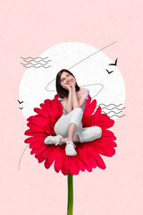 Collage artwork graphics picture of dreamy funny lady sitting inside red flower isolated painting background