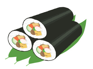 笹葉の上に置いた太巻き寿司3本