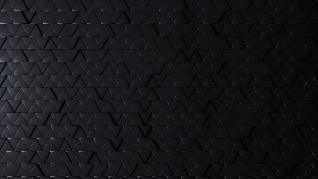 Abstract geometric shapes background. 3D mosaic surface with moving triangles. Black minimalism, waves pattern. Honeycomb for business presentation. Moving dark cells animation