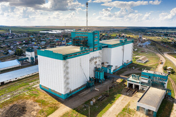 Volga region, Orenburg region, grain elevator in the Zaglyadino village. Aerial view.