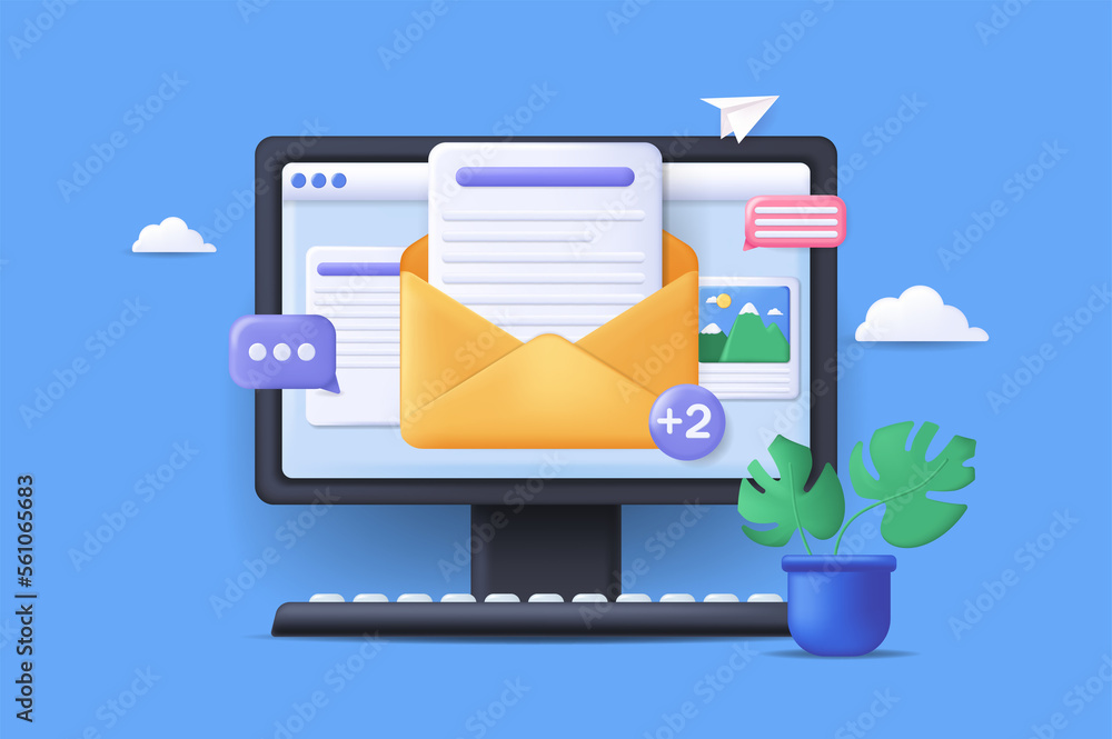 Poster realistic concept of email service scene without people in3d cartoon design. inage of an e-mail box 