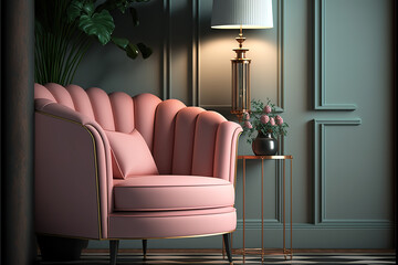 Art Deco interior in classic style with pink armchair and lamp.3d rendering