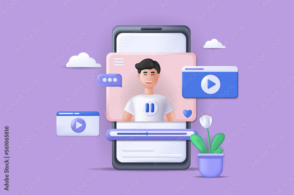 Aufkleber realistic concept of mobile video player scene without people in 3d cartoon style. image of the smar
