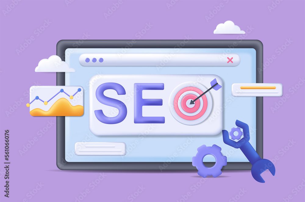 Poster realistic concept of seo development scene without people in 3d cartoon design. image of seo develop