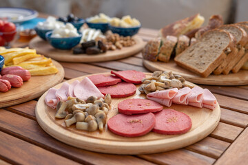 Breakfast buffet table filled with assorted foods