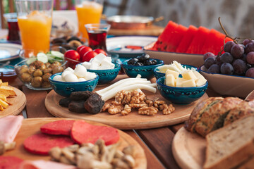 Breakfast buffet table filled with assorted foods