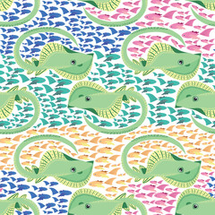 Fototapeta premium Batomorphi sea life, fish, animals bright seamless pattern. sea travel, snorkeling with animals, tropical fish