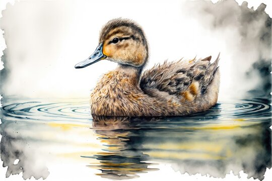 Cute duck in the lake watercolor painting. Generative AI