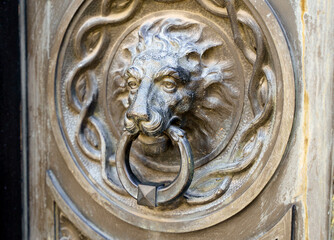 Antique decorative handle knocker on wooden vintage house door. Classical metal bronze lion head 