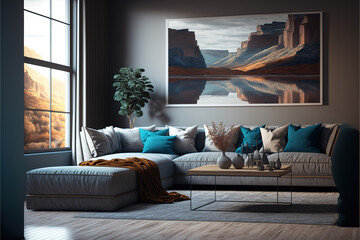 Interior of modern living room panorama.
