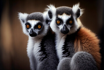 Two madagascar's lemurs sitting on a tree. Generative Ai Art.