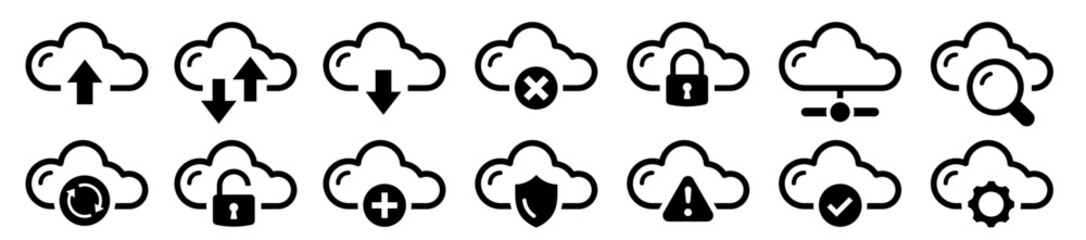 Collection cloud flat icon. Upload and download cloud. Cloud service and network related. Clouds with arrows up and down and more. Cloud sync. Cloud refresh. Vector illustration