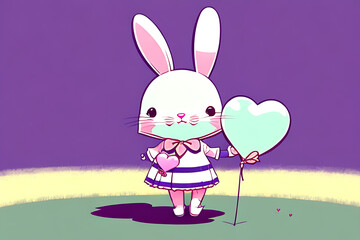 valentines card design, pink bunny with a heart balloon with purple background