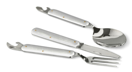 Collection of different camping gear, travel cutlery set