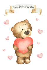 Watercolor teddy bear with red heart. Card for Valentine's day. Watercolor postcard for Valentine's day. Happy Valentine's day