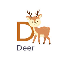 Vector Deer illustration, Letter D learning English alphabet cartoon for kids education isolated on white background