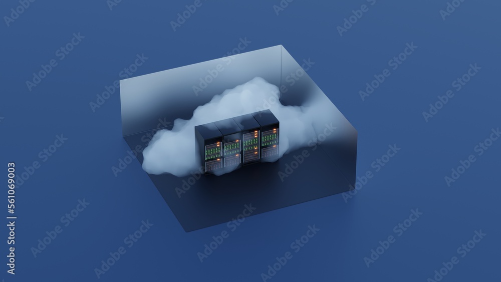Poster secure data storage in datacenter, in the cloud, thumbnail, isometric view of server rack, 3d render