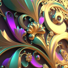 Ornate pattern and abstract flowers and vines, gold and iridescent. Generative AI
