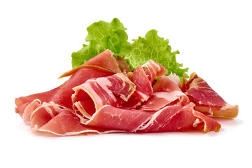 Italian prosciutto, jerked meat slices, isolated on white background.