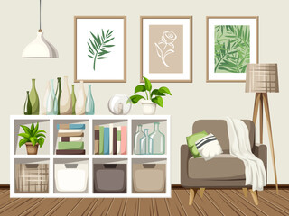 Living room interior with a shelving, an armchair, lamps, paintings, books, and decorative bottles. Beige, white, and green room interior. Cozy modern interior design. Cartoon vector illustration