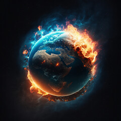  Planet Earth burning in space, global warming catastrophe concept. Generative Ai