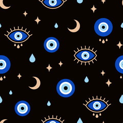 Evil eyes seamless pattern. Vector illustration of protection talismans. Line art. Texture for print, textile.