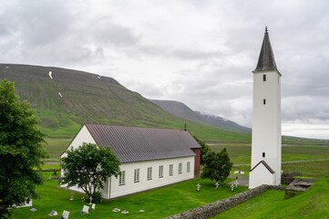 Holadomkirkja church in Holar, Iceland in northern landscape