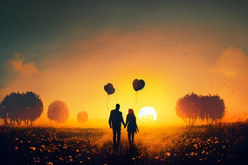 Landscape of the young couple holding hand in field at sunset,art style,generative Ai