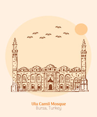 bursa ulu camii, Grand Mosque of Bursa Hand drawing vector illustration line art. Art of the great architect Sinan