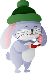 Cartoon polar rabbit in a hat and mittens blowing on the snow