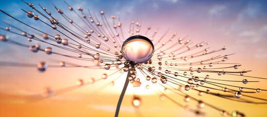 Dandelion seed with dew drops in the evening sun with blue cloudy sky - 3D illustration