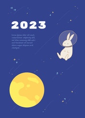 Year of the rabbit. 2023 Chinese New Year poster, postcard, card, book cover, notebook, social media story, post, flyer design.  Hand-drawn vector illustration. Background. Rabbit and the moon.