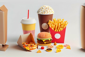 Illustrations colourfol junk foods,3d on white background.Ai generated