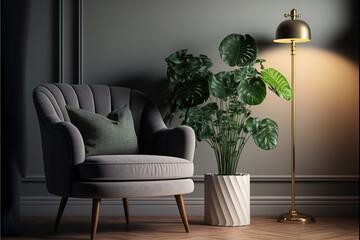 Living room interior. Armchair pillow, lamp and table with plant in art deco style or modern classic.