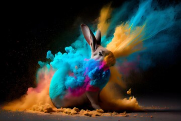 Colorful splashing rabbit of holi paint powder color on black background.Ai generated