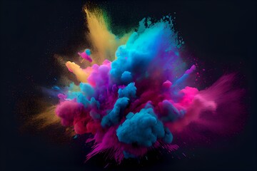 Obraz na płótnie Canvas Colorful splash explosion of holi paint powder color on black background.Ai generated